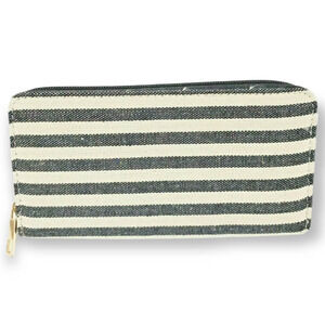 Boho Canvas Striped Wallet Black & Off White Lines Zip Closure 8"x4" NEW